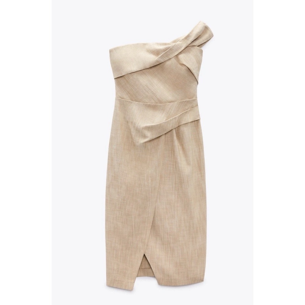 Zara Asymmetric Pencil Dress Slip Midi Camel Taupe Beige Size XS Linen Feel - Picture 14 of 14